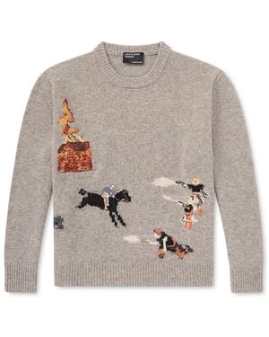 Enfants Riches Deprimes Come Live With Me Embroidered Intarsia Wool Sweater - Gray