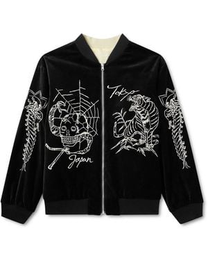 Neighborhood Souvenir Reversible Embroidered Cotton-Velvet And Satin Bomber Jacket - Black