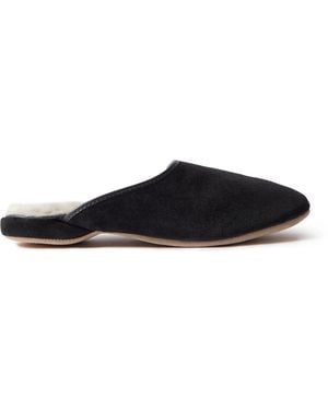 Derek Rose Douglas Leather-Trimmed Shearling-Lined Suede Slippers - Black