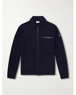Moncler Leather-Trimmed Virgin Wool Zip-Up Cardigan - Blue