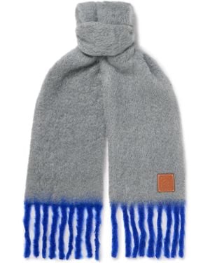 Loewe Fringed Leather-Trimmed Two-Tone Mohair-Blend Scarf - Gray