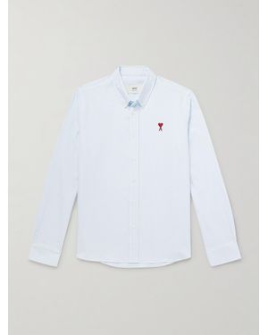 Ami Paris Adc Button-Down Collar Logo-Embroidered Striped Cotton Oxford Shirt - White