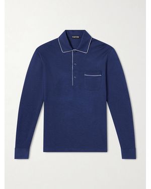 Tom Ford Piped Silk And Cotton-Blend Piqué Polo Shirt - Blue