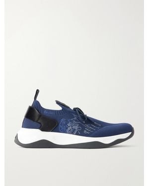 Berluti Shadow Logo-Embroidered Leather-Trimmed Stretch-Knit Trainers - Blue
