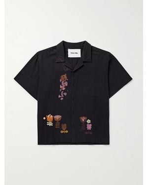STORY mfg. Greetings Camp-Collar Appliquéd Printed Cotton And Hemp-Blend Shirt - Blue