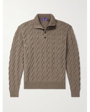 Ralph Lauren Nubuck-Trimmed Cable-Knit Cashmere Half-Placket Sweater - Grey