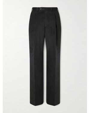 Saman Amel Straight-leg Pleated Peached Cotton-blend Trousers - Black
