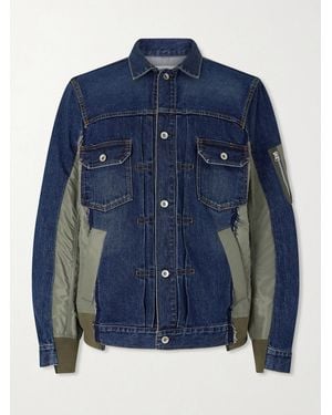 Sacai Distressed Shell-trimmed Denim Jacket - Blue