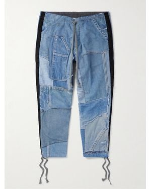 Greg Lauren Tapered Cropped Frayed Patchwork Drawstring Jeans - Blue