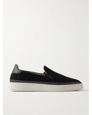 Mulo Leather-trimmed Waxed-suede Slip-on Trainers - Black