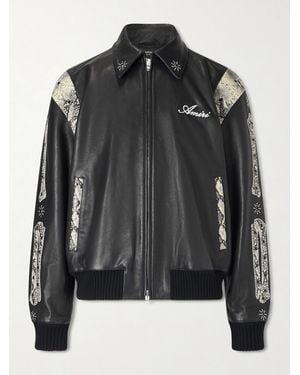 Amiri Bones Snake-Effect Panelled Studded Logo-Embroidered Leather Jacket - Black