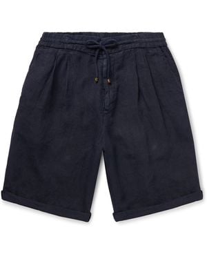 Brunello Cucinelli Straight-Leg Pleated Linen Drawstring Bermuda Shorts - Blue
