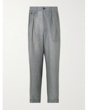 Beams Plus Straight-leg Pleated Checked Linen And Cupro-blend Trousers - Grey