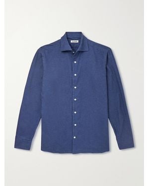 De Petrillo Cutaway-Collar Brushed Cotton-Twill Shirt - Blue