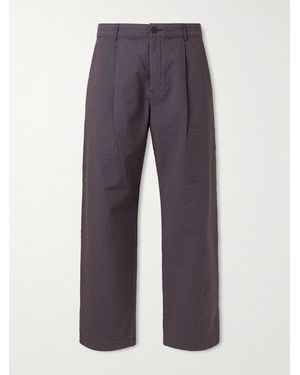 Folk Cropped Wide-Leg Striped Cotton-Seersucker Pants - Blue