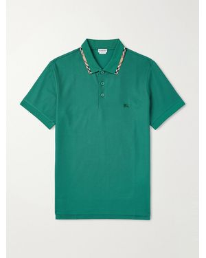 Burberry Logo-Embroidered Checked Cotton-Piqué Polo Shirt - Green