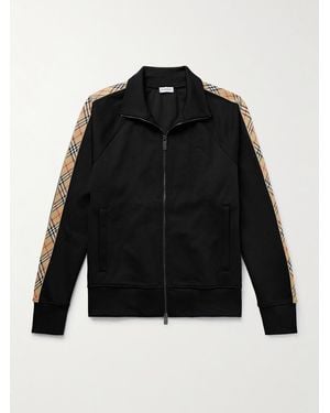 Burberry Checked Jacquard-Trimmed Logo-Embroidered Tech-Jersey Track Jacket - Black