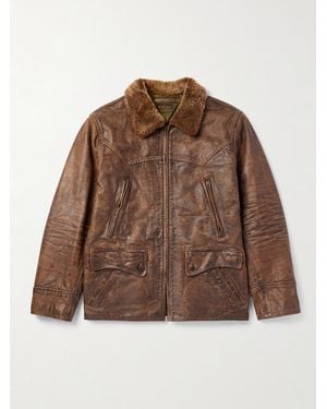 RRL Thurston Shearling-Trimmed Distressed Leather Jacket - Brown