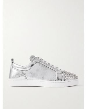 Christian Louboutin Louis Junior Spikes Metallic Cracked-Leather Sneakers - Natural