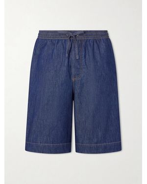 Loewe Wide-Leg Anagram-Detailed Cotton-Chambray Drawstring Shorts - Blue