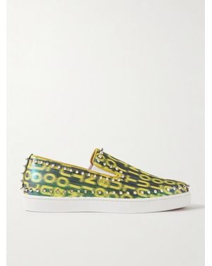 Christian Louboutin Pik Boat Spiked Glittered Logo-Print Canvas Slip-On Trainers - Yellow