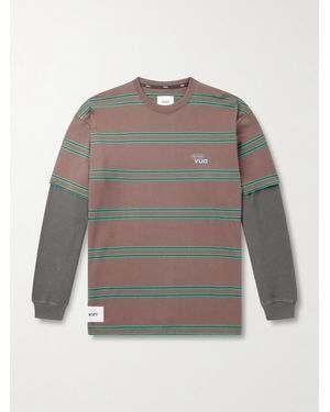 WTAPS Waffle-Knit Trimmed Logo-Embroidered Striped Cotton-Jersey T-Shirt - Grey