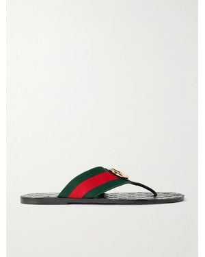 Gucci Riviera Logo-Embellished Striped Webbing-Trimmed Leather Sandals - Black