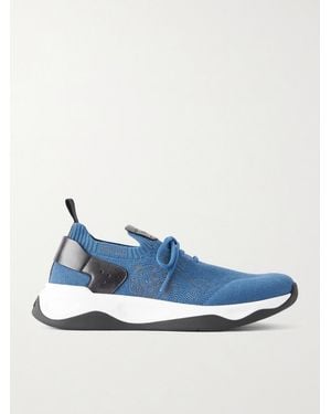 Berluti Shadow Leather-Trimmed Stretch-Knit Sneakers - Blau
