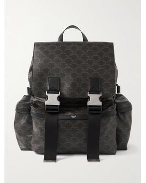 Celine Triomphe Leather-Trimmed Logo-Print Coated-Canvas Backpack - Black