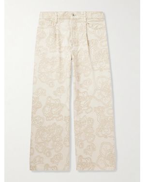 KENZO Verdy Wide-leg Pleated Embroidered Jeans - Natural