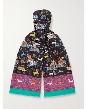Drake's Him Mughal Fringed Printed Wool And Silk-Blend Scarf - Black