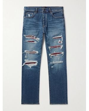 Amiri Thrasher Slim-fit Distressed Croc-effect Leather-trimmed Panelled Jeans - Blue