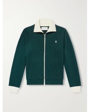 Ami Paris Logo-Embroidered Cotton-Jersey Zip-Up Sweatshirt - Green