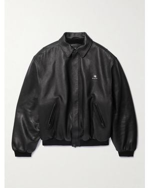 Balenciaga Logo-Embroidered Leather Blouson Jacket - Black