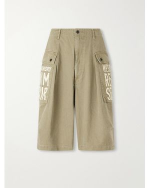 Kapital Wide-Leg Printed Herringbone Cotton Shorts - Natural