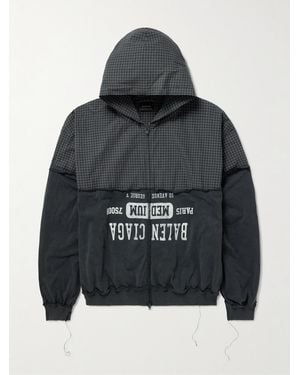Balenciaga Distressed Logo-Print Checked Cotton-Twill And Jersey Hooded Jacket - Black