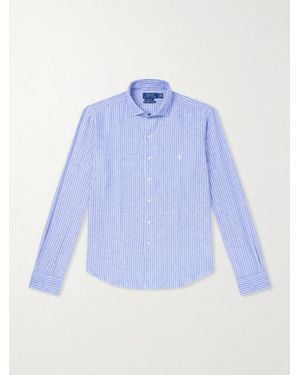 Polo Ralph Lauren Striped Logo-Embroidered Cotton And Linen-Blend Seersucker Shirt - Blue