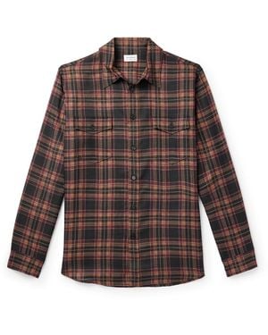 Saint Laurent Logo-Embroidered Checked Wool-Twill Shirt - Brown
