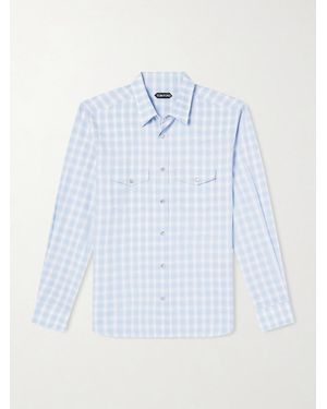 Tom Ford Slim-fit Checked Cotton And Linen-blend Shirt - Blue