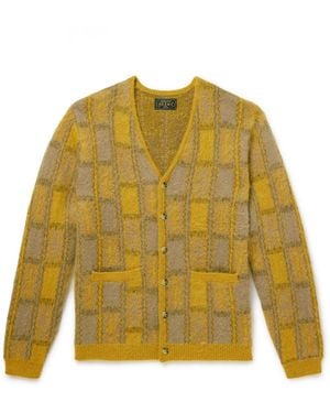 Beams Plus Brushed Checked Jacquard Cardigan - Yellow