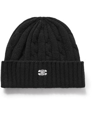Celine Logo-Embroidered Cable-Knit Cashmere Beanie - Black