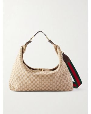Gucci Brera Large Webbing- and Leather-Trimmed Monogrammed Canvas Tote Bag - Natur