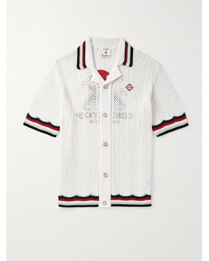 CASABLANCA Logo-appliquéd Embroidered Striped Crocheted Cotton Shirt - White