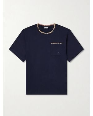 Burberry Logo-Embroidered Checked Cotton-Jersey T-Shirt - Blue