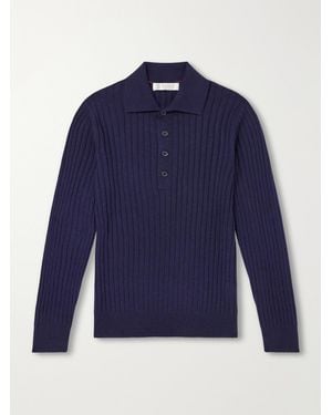 Brunello Cucinelli Ribbed Cashmere Polo Shirt - Blue