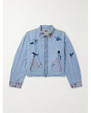 Kapital Drizzler Cropped Embroidered Cotton-Chambray Jacket - Blue