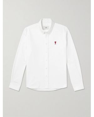 Ami Paris Button-Down Collar Logo-Embroidered Cotton Oxford Shirt - White