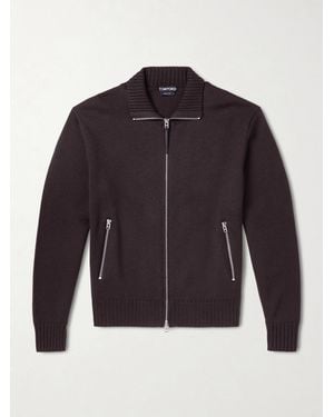 Tom Ford Leather-Trimmed Merino Wool Cardigan - Blue