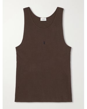 Saint Laurent Logo-embroidered Ribbed Cotton Tank Top - Brown