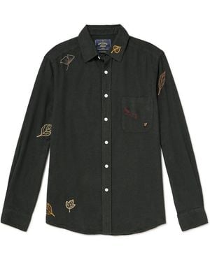 Portuguese Flannel Fall Leaves Embroidered Cotton-Flannel Shirt - Black